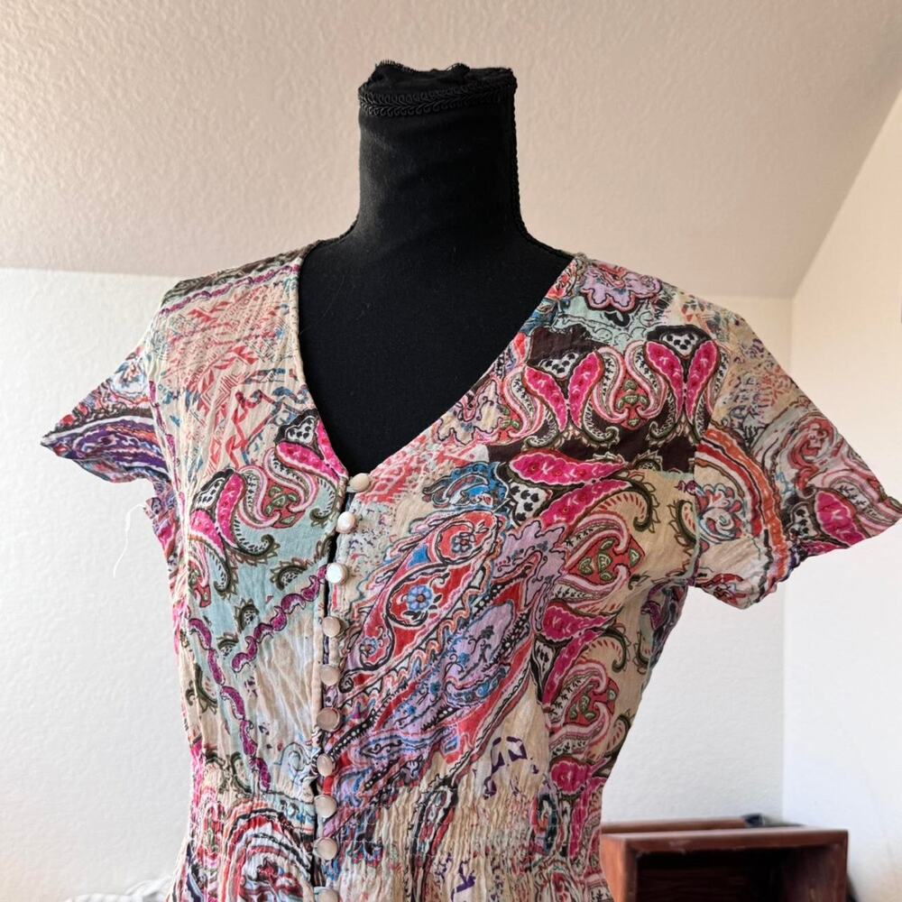 Paisley multicolor gauze‎ maxi dress sz S button front shirred whimsical fairy